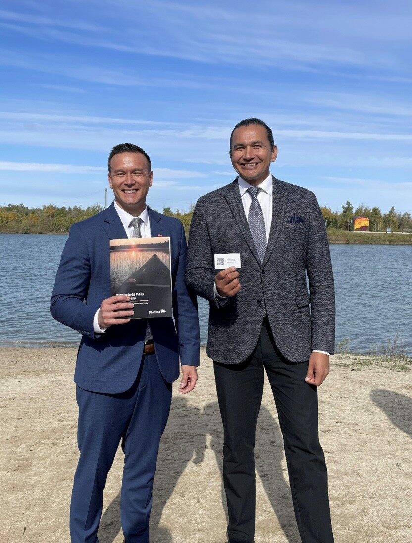 Supplied photo
Riel MLA Mike Moyes, Minister of Environment and Climate Change, and Premier Wab Kinew at launch event for the Path to Net Zero at FortWhyte Alive on Oct. 6.