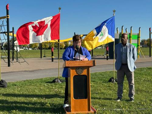 Supplied photo
                                Seine River MLA Billie Cross bringing greetings during a ribbon-cutting ceremony at John Forsyth Park, unveiling new and improved outdoor community spaces in River Park South.