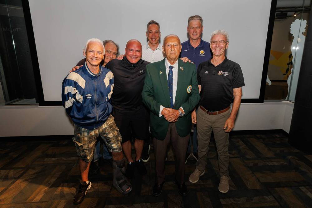 Free Press file photo
Some of the inductees of the Manitoba Sports Hall of Fame’s class of 2025 gathered at the July press announcing their induction. (From left) John Baillie (Lucania FC), Michael Nardiello (Lucania), Troy Westwood, Rob Albo (Lucania), Gary Solar, Russ Paddock, and Glen Bergeron.