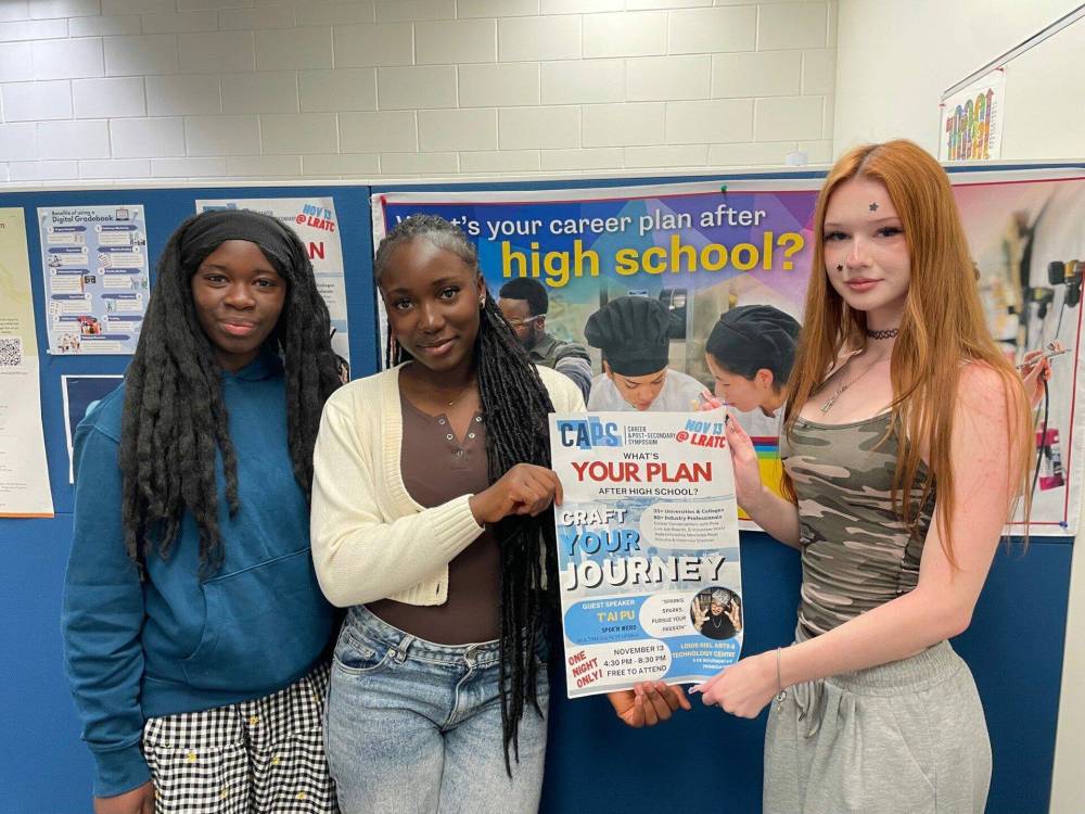 Supplied photo by Adriano Magnifico
                                Three student volunteers at this year’s upcoming Louis Riel School Division Career and Post-Secondary Symposium (CAPS) are pictured here. From left: Praise Olayiwola, Ihuoma Ogbonna, and Alieksa Mashyna.