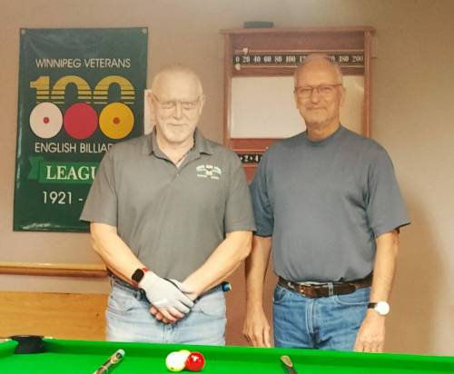 Photo by Tony Zerucha
                                Jon Miller (left) and Kevin Augusta welcome interested players to join what is likely the world’s oldest English billiards league.