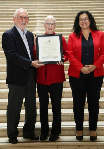 Supplied photo
                                Norm and Betty Brown, pictured here at the legislature, were recently honoured with a private member’s statement by Assiniboia MLA Nellie Kennedy (at right).