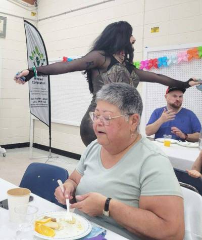 Photo by Dylon Martin
                                Drag artist Jolean Groundbeef performed at an August 2025 drag brunch at the Elmwood-East Kildonan Active Living Centre (180 Poplar Ave.).
