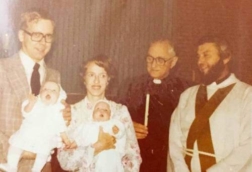 Supplied photo
                                Valdimar Eylands, uncle of St. James correspondent Fred Morris, helped officiate the baptism of Fred and wife Ruby&rsquo;s twin daughters. (From left) Fred holding Laurie, Ruby holding Lisa, Rev. Valdimar Eylands, Rev. John Kunkel
