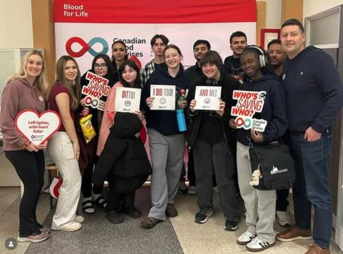 Supplied photo
                                In November, a group of students and staff from the Louis Riel Arts and Technology Centre headed to Canadian Blood Services to donate blood.