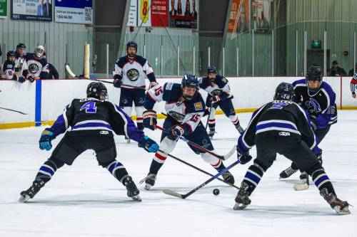 Supplied photo by Isaiah White
                                The River East Royal Knights, pictured here defending against the Transcona Railer Express at a recent game, are back in the Manitoba Major Junior Hockey League playoffs this season. At press time, the Knights were fifth in the 10-team league with 10 games remaining in the regular season.