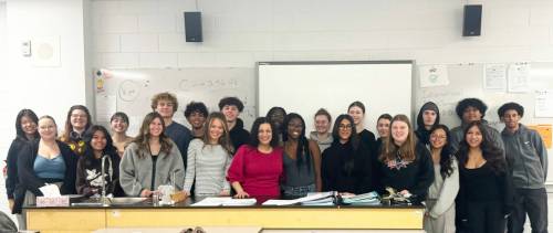 Supplied photo
                                Assiniboia MLA Nellie Kennedy (centre, in red) visited the Collège Sturgeon Heights Collegiate leadership class.