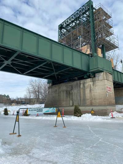 Photo by Sheldon Birnie
                                On March 2, the Red River section of the Nestaweya River Trail was closed for the season so maintenance work could begin on the old rail bridge above the mouth of the Assiniboine River.