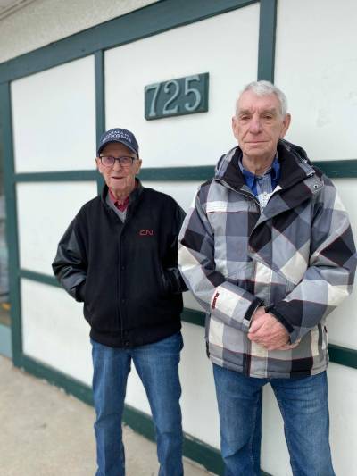 Photo by Sheldon Birnie
                                Doug Loudon (left) and Noel Johnson are both past-presidents of Lord Roberts Community Centre (725 Kylemore Ave). Currently, a group of volunteers is collecting information of all those volunteers who held the post since the club was founded in 1934.