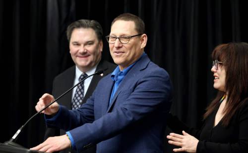 Free Press file photo
                                Avi Lewis holds his first press conference as leader of Canada&rsquo;s NDP, alongside former interim leader Don Davies, Leah Gazan, MP for Winnipeg Centre, at the Delta Hotel on March 30.