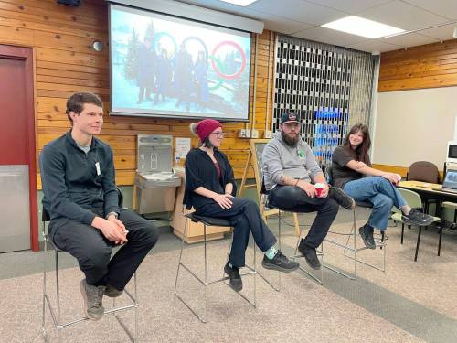 Photo by Adriano Magnifico
                                Louis Riel Arts and Technology Centre broadcast media program grads (from left) Graham Parsons, Zoe Krzuk, Johnathan Schneider, and Jamie Wiebe visited current students to share their experiences at the recent Winter Olympics in Italy.