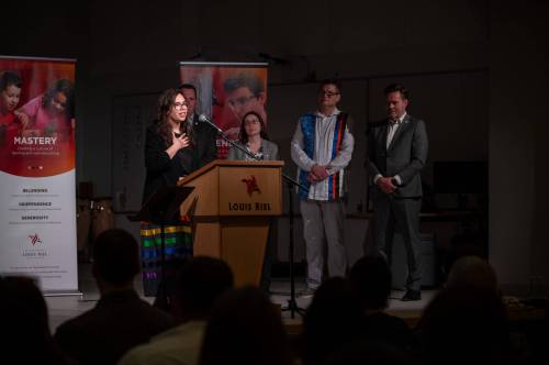Supplied photo courtesy of Louis Riel School Division
                                École Sage Creek Bonavista was renamed École Mazina-Giizhik in honour of the late Murray Sinclair at a formal naming ceremony at the southeast Winnipeg-based school (355 des Hivernants Blvd.) on May 6.