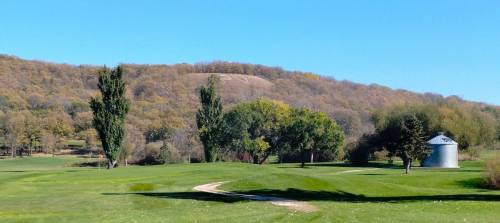 Photo by Ryan Desjarlais
                                The letters &lsquo;PV&rsquo; on the valley wall are a nice backdrop to the fifth hole at Pleasant Valley.