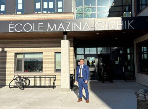 Supplied photo
                                Riel MLA Mike Moyes, minister of environment and climate change, attended Louis Riel School Division&rsquo;s renaming ceremony for École Mazina‑Giizhik on May 6.
