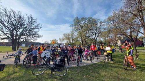 Supplied photo
                                Bike buses bring kids to school across the Louis Riel School Division, usually one day a week in May and June.