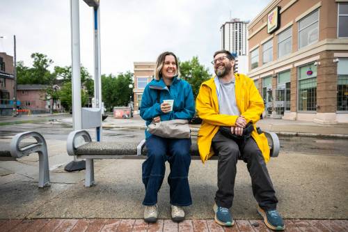 File photo by Mikaela Mackenzie
                                Musician John Samson Fellows and Laura Cameron from Climate Action are hopeful that the new Next Stop 50-50 campaign will prompt provincial and municipal governments to increase funding for public transit.