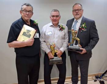 Photo by Tony Zerucha
                                (From left) Together, Al Kinley, Ed Kuly and Guy Yerama have more than a century&rsquo;s worth of contributions to baseball in Manitoba. They were rewarded for these contributions with recent inductions into the Manitoba Baseball Hall of Fame.