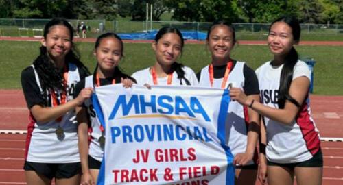 Supplied photo
                                The Sisler High School junior varsity girls took home the division banner at the Manitoba High Schools Athletic Association&rsquo;s provincial track and field meet held earlier this month. Pictured, from left: Emma Castillo, Amira Cantiveros, Janine Licup, Daveen Fornoles, and Jessica Pagtalunan.