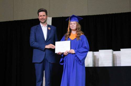 Supplied photo
                                Lagimodiere MLA Tyler Blashko presenting awards at J.H. Bruns Collegiate recently.
