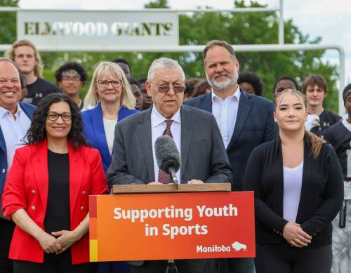 Supplied photo
                                Elmwood MLA Jim Maloway joined Sport, Culture, Heritage and Tourism Minister Nellie Kennedy and Winnipeg Blue Bomber President and CEO Wade Miller, along with the Elmwood Bears, at a funding announcement at Elmwood High School on June 22.