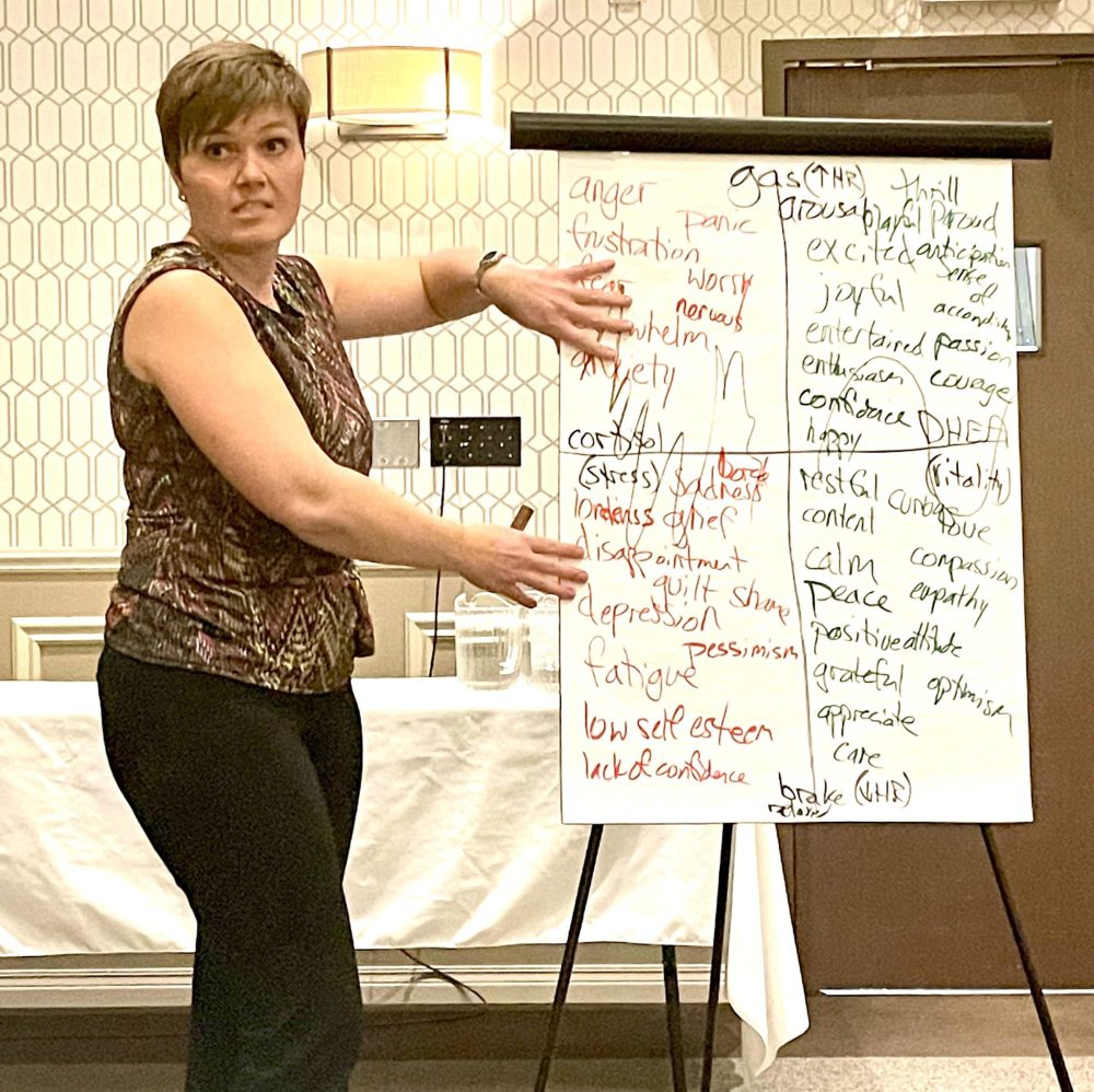 Lori Penner The Carillon Stress management trainer and coach Louise Saunders introduces a learning tool she uses to show the connections between emotions, the nervous system, and the hormonal system.