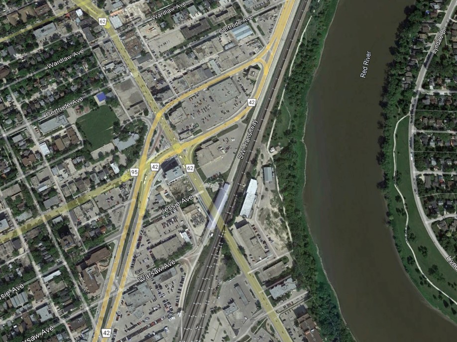 Officially called Osborne Junction, Confusion Corner itself is a hub located between some of the city’s southwest neighbourhoods and downtown, funnelling traffic from several main thoroughfares while also juggling dedicated transit lanes. (Google Earth)
