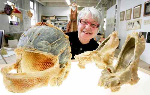 Wayne Glowacki / Winnipeg Free Press Archives
Artist Aganetha Dyck poses in her studio with some of her art pieces — Wedding Guest Shoes (right) and Sports Night in Canada — in this file photo. She won the $2,500 Making a Mark Award from the Winnipeg Arts Council Friday.