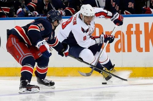 FILE - In this Jan. 9, 2016, file photo, Washington Capitals left wing Alex Ovechkin (8) skated with the puck against New York Rangers right wing Jayson Megna (23) during the third period of an NHL hockey game Madison Square Garden in New York. The Capitals, Pittsburgh Penguins, Tampa Bay Lightning and Florida Panthers look to be the class of the Eastern Conference. (AP Photo/Mary Altaffer, File