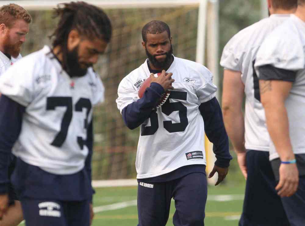 JOE BRYKSA / WINNIPEG FREE PRESS
Winnipeg Blue Bomber running back hopeful Carlos Anderson at walk through practice in Winnipeg Monday.