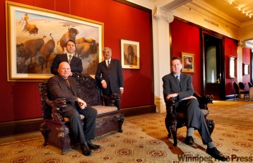 PHIL HOSSACK / WINNIPEG FREE PRESS
From left, Chris Douglas, Jason Clarke, Raman Talwar and Alex Robinson in the Manitoba Club, which long ago abandoned its racist membership policy.