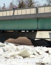 KEN GIGLIOTTI / WINNIPEG FREE PRESS
A small building is still trapped today under the St. Vital Bridge after it was picked up by rising water and ice last night.