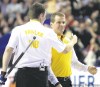 CP
Manitoba skip Jeff Stoughton (right) celebrates with second Rob Fowler after Stoughton made a draw to the button in the 10th end to defeat Ontario 8-6 on Saturday night.