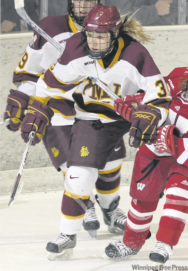 FREE PRESS ARCHIVES
Jocelyne Larocque (top), Melanie Gagnon and Bailey Bram are all playing in this weekend’s Frozen Four for the NCAA women’s championship.