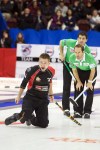 ANIL MUNGAL PHOTO
Winnipeg skip Mike McEwen (left) urges his sweepers on during Sunday’s BDO Canadian Open final in Oshawa, Ont.