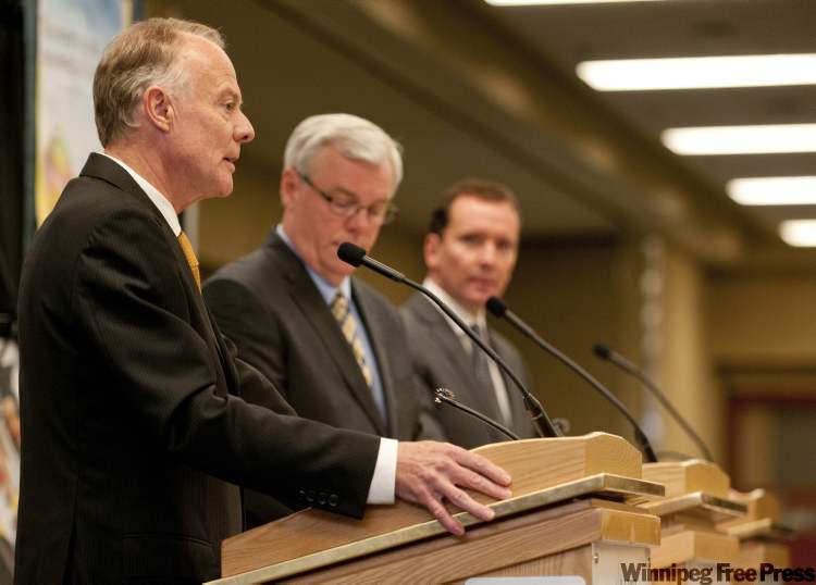 HADAS PARUSH / WINNIPEG FREE PRESS
From left, Liberal Leader Jon Gerrard, NDP Premier Greg Selinger, Conservative Leader Hugh McFadyen.