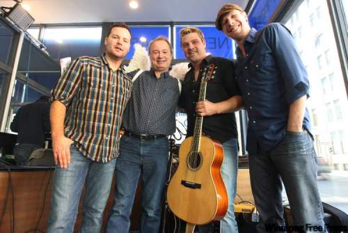 Joe Bryksa / Winnipeg Free Press
Canadian award winning band Doc Walker -- and head angel Kevin Rollason -- together launched the Free Press's annual Pennies from Heaven fundraising drive on Wednesday at the Winnipeg Free Press cafe. From left: Dave Washliw, Winnipeg Free Press's Kevin Rollason, Chris Thorsteinson and Murray Pulver.