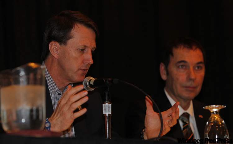 Boris Minkevich / Winnipeg Free Press
Sports marketing luncheon-seminar panel included Mark Chipman and Dan Chase.