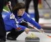 Joe Bryksa / Winnipeg Free Press
Skip Janet Harvey throws during play Thursday afternoon against team Lisa Deriviere at the 2012 Scotties Tournament of Hearts in Portage la Prairie.