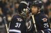 RUTH BONNEVILLE / WINNIPEG FREE PRESS
Winnipeg Jets goalie Ondrej Pavelec gets congratulated by his fellow player Blake Wheeler, No. 26, after winning against Boston 4 - 2 Friday.