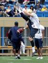 MIKE DEAL / WINNIPEG FREE PRESS
The Winnipeg Blue Bombers' Mike Renaud (9) gets full extension on a warm-up punt during the first day of training camp.