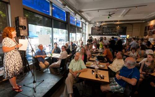Melissa Tait/ Winnipeg Free Press
Mary Agnes Welch talks during the summit at the News Café on Tuesday night