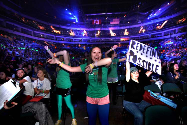 RUTH BONNEVILLE / WINNIPEG FREE PRESS
Students from all over Manitoba start screaming and standing in the aisle with their signs as We Day 2012 gets underway at the MTS Centre Tuesday morning. The annual We Day celebrations in Winnipeg today with several iconic social activists and entertainers taking the stage in front of 18,000 students from around 400 schools from all over Manitoba.