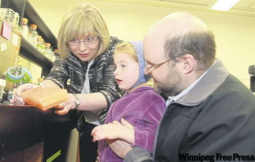 KEN GIGLIOTTI / WINNIPEG FREE PRESS 
Karl Kleinsasser with daughter Kenzie, 5, and researcher Dr. Barbara Triggs-Raine.