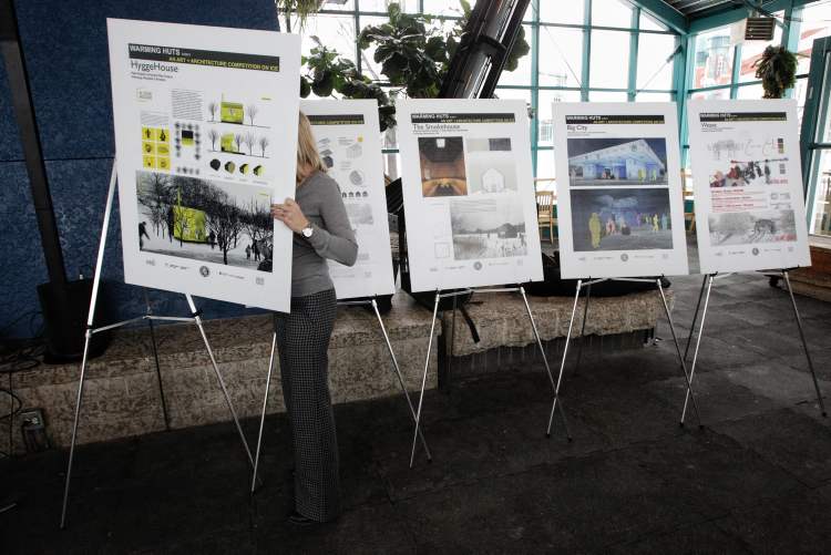 Mike Deal / Winnipeg Free Press
Alison August with The Forks reveals the five selections for this year's Warming Huts project.