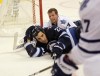 Ruth Bonneville / Winnipeg Free Press
Toronto Maple Leafs Goalie James Reimer looses his helmet after Winnipeg Jets' Chris Thorburn crashed into the net during the 3rd period  Thursday night at MTS Centre.