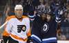 TREVOR HAGAN / WINNIPEG FREE PRESS
Winnipeg Jets' Evander Kane (9) and Alexander Burmistrov (8) celebrate after Kane scored during the second period of Saturday afternoon's game against the Philadelphia Flyers. Kane hadn't scored in five games.