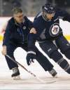 Joe Bryksa / Winnipeg Free Press
Head coach Claude Noel directs Blake Wheeler through a drill Monday morning during practice at the MTS Centre.