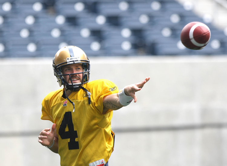 JOE BRYKSA / WINNIPEG FREE PRESS
QB Buck Pierce takes part in practice this morning at Investors Group Field.