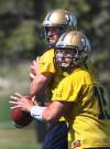 Joe Bryksa / Winnipeg Free Press
Blue Bombers starting quarterback Max Hall, front, winds up for a pass at practice Wednesday.