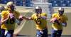 KEN GIGLIOTTI / WINNIPEG FREE PRESS
Head coach Tim Burke and offensive coordinator  Marcel Bellefeuille have chosen #15 Max Hall (centre) as starting quarterback for Saturday's game against the Ticats.  #4 Buck Pierce (right) will be Hall's backup, and and #18 Justin Goltz (left) will be third. Hall and  Pierce took most of the reps at a sweltering Investor's Group Filed practice on Tuesday.